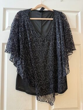 Black Beaded Lace V-Neck Overlay Blouse